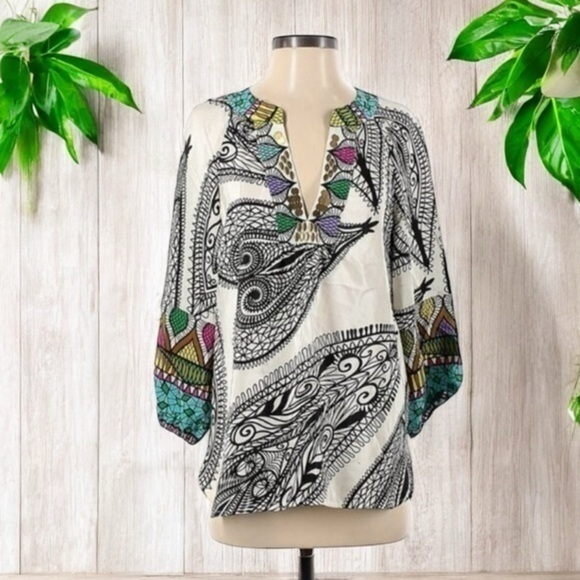 Tibi Top Women Size 0 V Neck 100% Silk Abstract Silk Printed Shirt White Multi - Picture 1 of 10